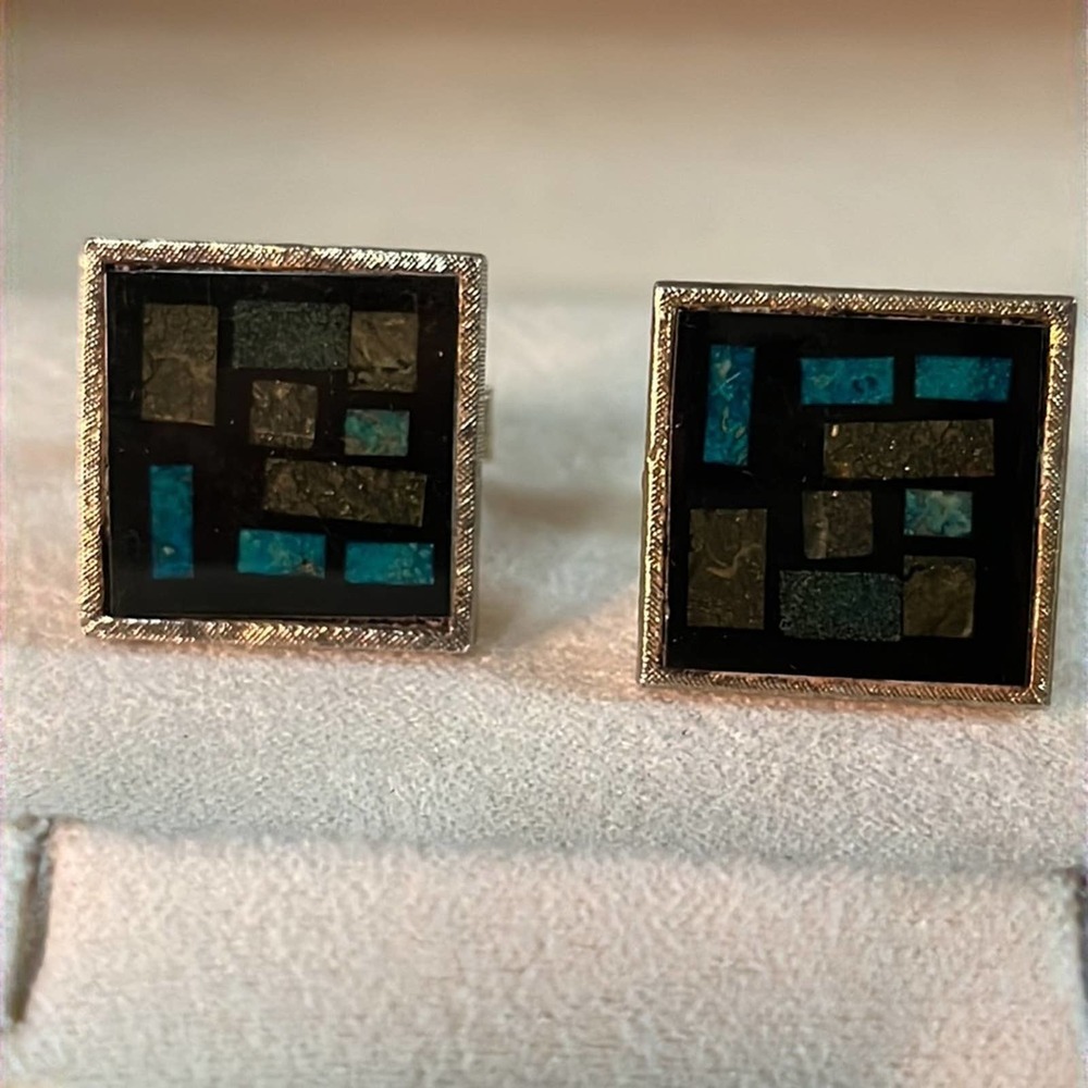 Square Vintage Sterling Silver Cufflinks with  art deco design and stone insert